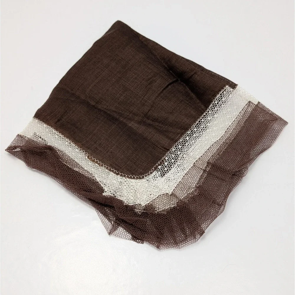 VTG Handmade Lace Handkerchief Ivory Brown Crochet Trim Mid Century Heirloom
